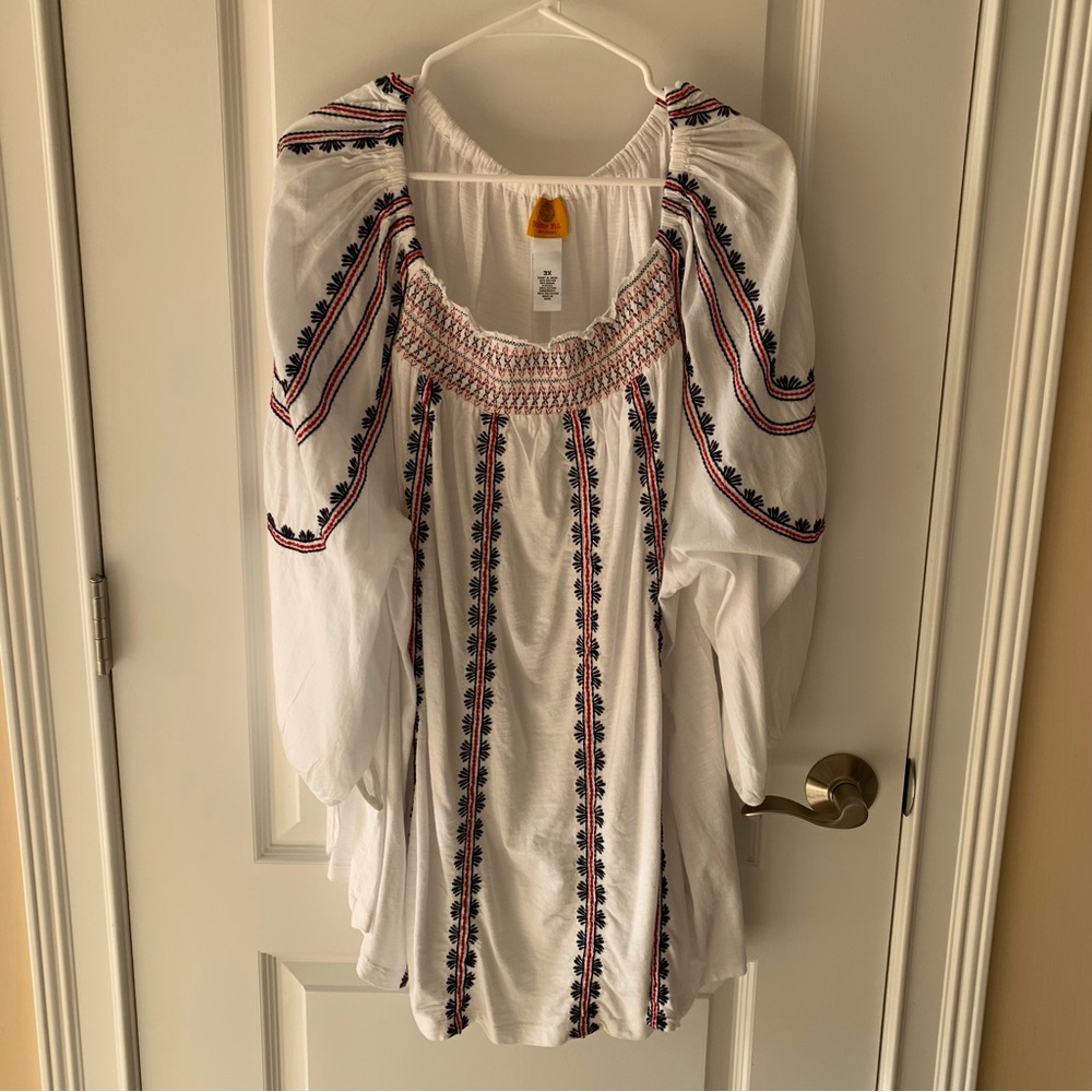 Ruby Rd. White Peasant Blouse with Red & Navy Embroidery